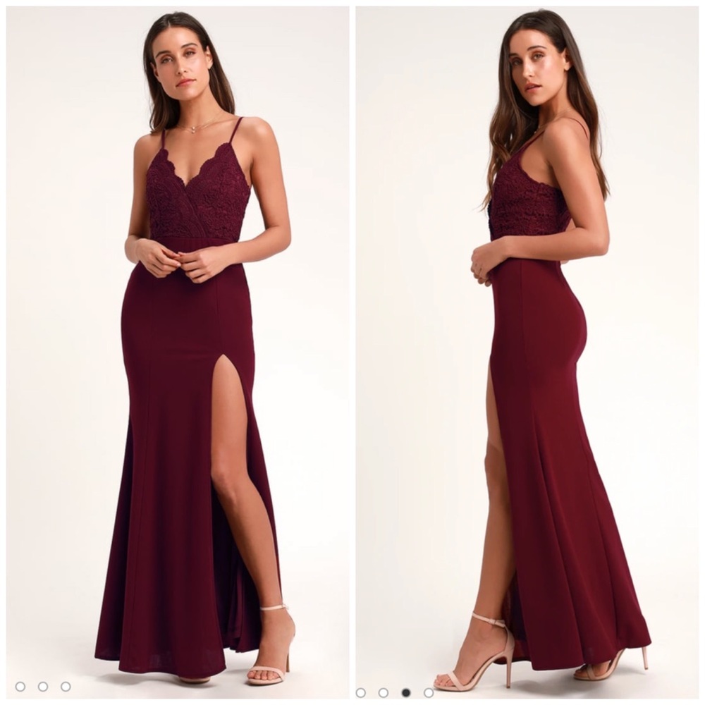 Lulu’s Leandra Burgundy Lace Maxi Dress, XS